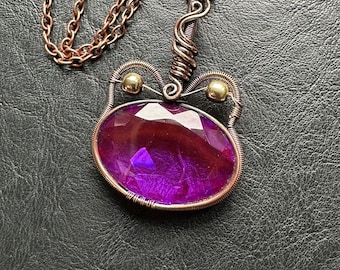 Purple Kitty Cat Necklace Quartz heart pendant chakras love wirewrap reversible pride healing crystal handmade copper pink magenta