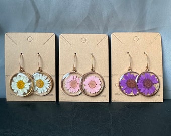 Real Flower Earrings white pink purple daisy pressed preserved resin Mothers Day gift her romantic wildflower love