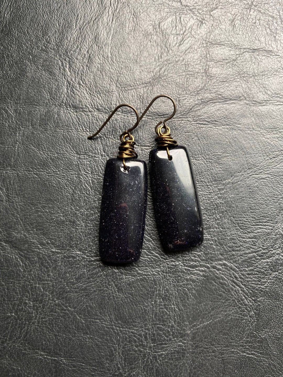 Midnight Navy Blue Goldstone Wirewrap Niobium Earrings Etsy