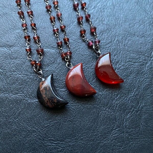 Mini Blood Moon Red Garnet Necklace harvest fall gemstone jewelry pendant celestial witchy wirewrap celestial stone jasper carnelian orange