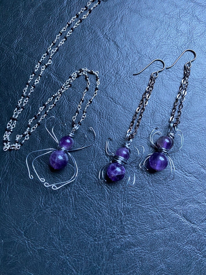 Amethyst Spider gemstone bug halloween creepy crawly necklace earrings set magic witch healing crystal handmade purple niobium hypo