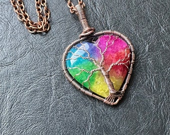 Rainbow Heart Tree of Life necklace Solar Quartz pendant chakras wirewrap reversible pride healing crystal handmade copper jewelry