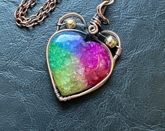 Rainbow Kitty Cat Necklace Solar Quartz heart pendant chakras love wirewrap reversible pride healing crystal handmade copper
