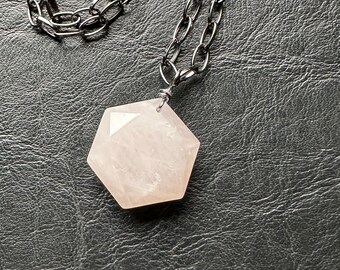 Rose Quartz Hexagon Honeycomb pendant necklace pink gemstone shape gem stone layering goddess crystal handmade minimalist jewelry love