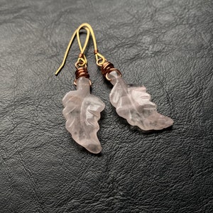 Rose Quartz Leaf earrings handmade jewelry pink gemstone healing love crystal girl her valentines leaf feather carved etched copper