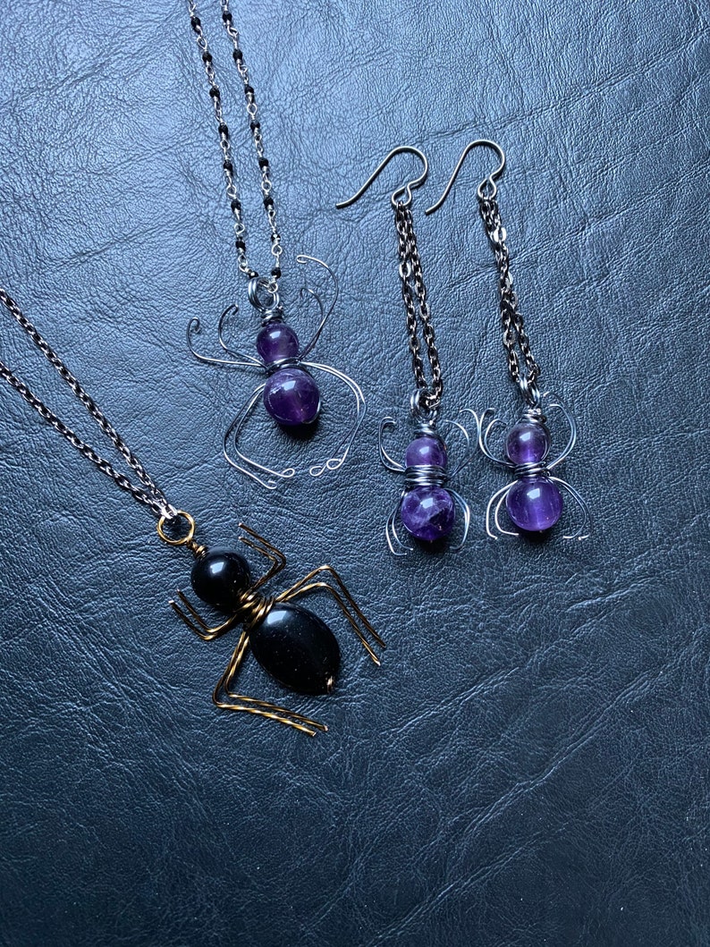 Amethyst Spider gemstone bug halloween creepy crawly necklace earrings set magic witch healing crystal handmade purple niobium hypo