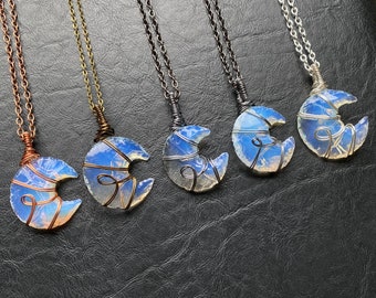 Handmade Opalite Moon Necklace: Wire Wrapped Crescent Pendant