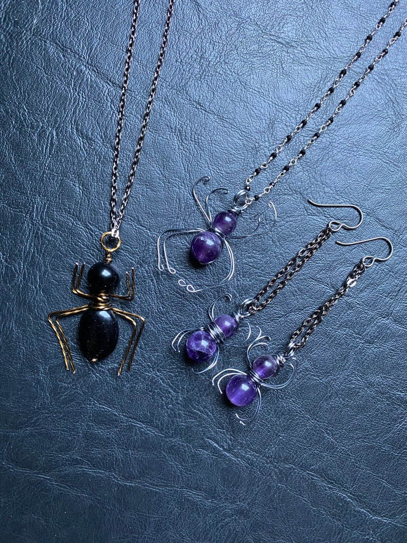 Amethyst Spider gemstone bug halloween creepy crawly necklace earrings set magic witch healing crystal handmade purple niobium hypo