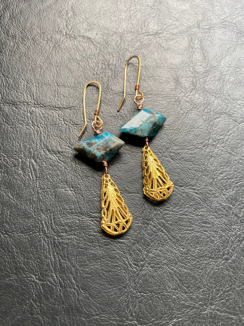 Apatite Drop earrings copper brass dangle earrings bohemian flair handmade filigree gemstone healing crystal mixed metal kite teal blue raw