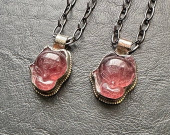 Strawberry Quartz Pink Fox Tibetan silver bezel ornate carved pendant necklace handmade animal forest patina gunmetal