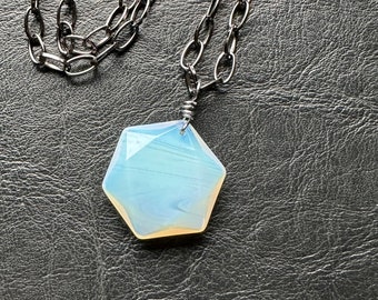 Opalite Hexagon Honeycomb pendant necklace glass gemstone shape gem stone layering goddess crystal handmade minimalist jewelry translucent