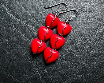 Red Howlite Heart Earrings gunmetal triple dangle wire wrapped hypoallergenic niobium Valentines Day love wirewrap healing stone gift her