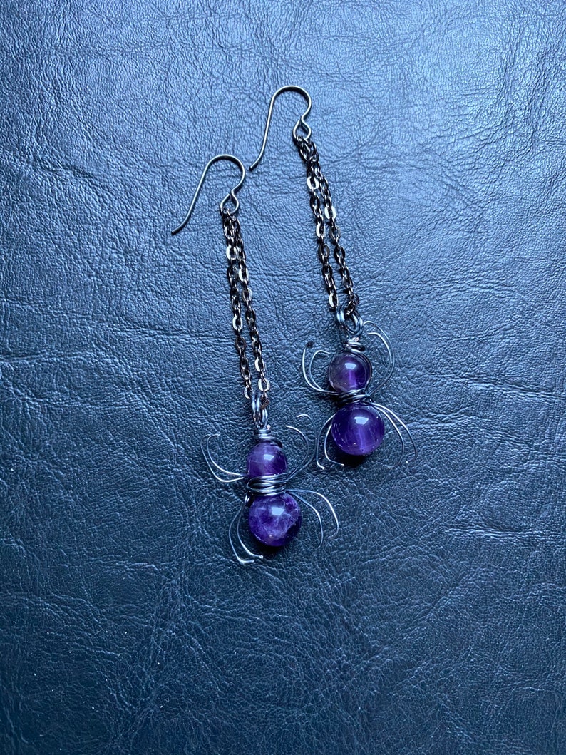 Amethyst Spider gemstone bug halloween creepy crawly necklace earrings set magic witch healing crystal handmade purple niobium hypo