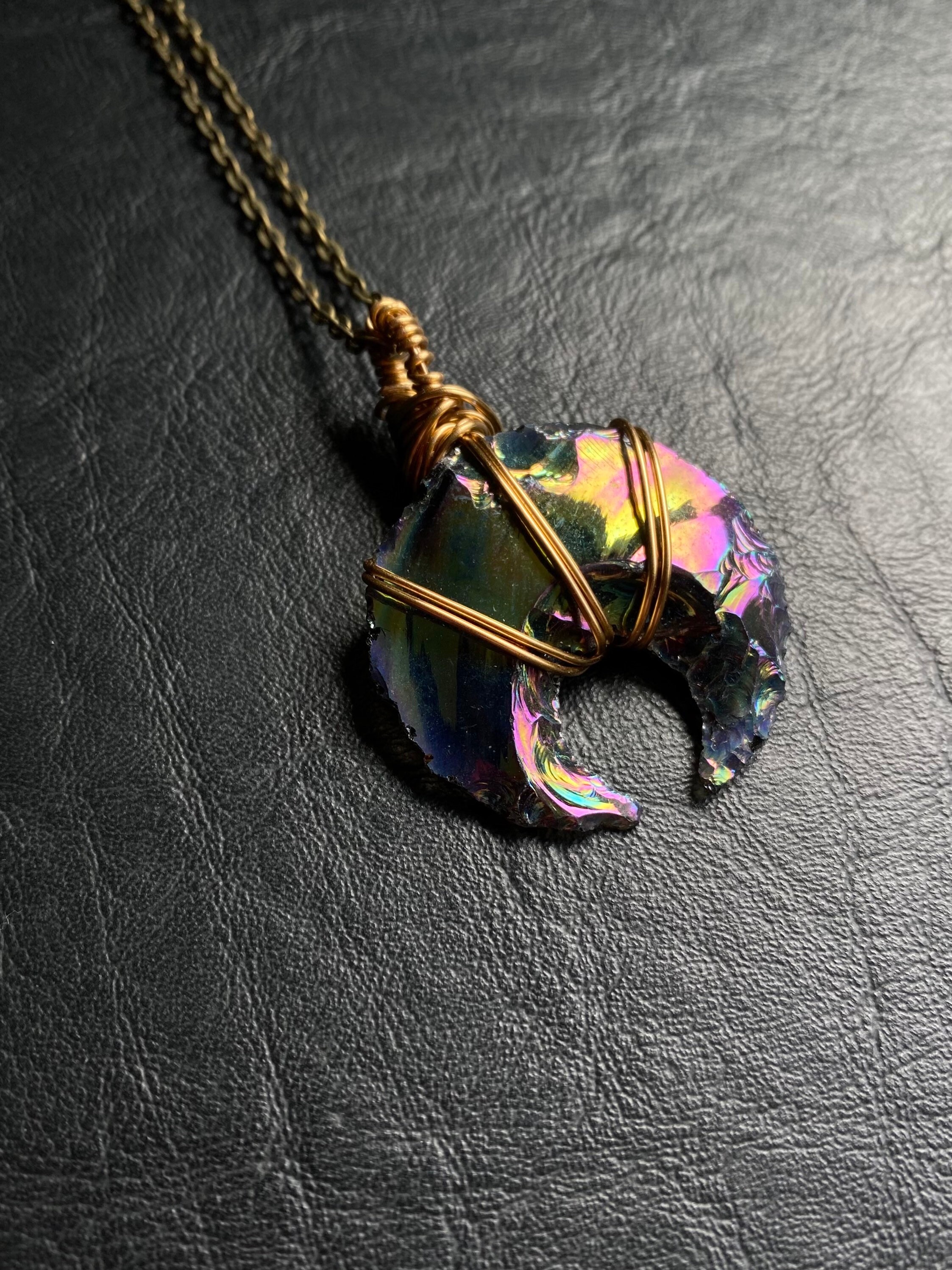 Rainbow Titanium Aura Obsidian Crescent Moon Pendant: Brass Wire Wrapped Necklace