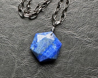 Lapis Lazuli in Pyrite Hexagon Honeycomb pendant necklace gemstone shape gem stone layering goddess crystal handmade minimalist jewelry blue