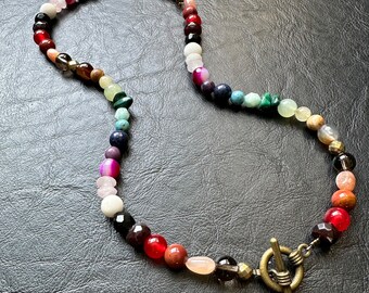 Convertible rainbow gemstone necklace mixed multi beaded gem stone chakras handmade jewelry pride love crystal toggle healing mix statement