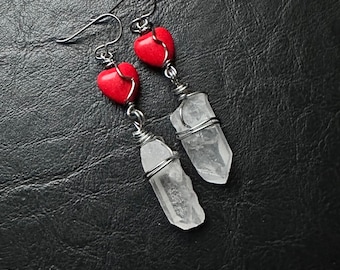 Red Howlite Heart Earrings gunmetal quartz crystal point wire wrapped hypoallergenic niobium Valentines Day love wirewrap healing stone