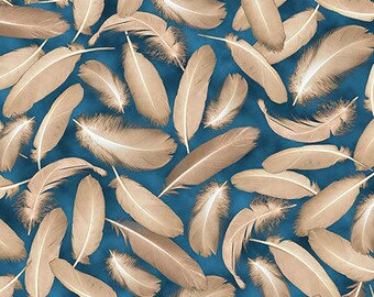Splendid Swans Feathers on Blue Denim from Quilting Treasures Fabrics sold by the yard