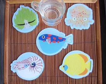 Set 5 ocean coasters, fish coasters, nudibranch, nautilus, puffer fish, butterflyfish, squid, diver gift, camping coasters, picnic coasters