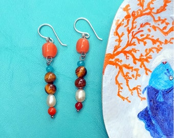 Coral earrings, agate and pearl earrings, Bali silver earrings, tiger eye beads,beach party earrings, multicolored earrings, travel earrings