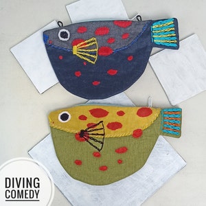 Bolso de pez globo, clutch de pez, bolso de lino, bolso bordado, bolso sashiko, bolso de buceo, bolso boro, bolso personalizado, pez globo, fugu, pez sapo