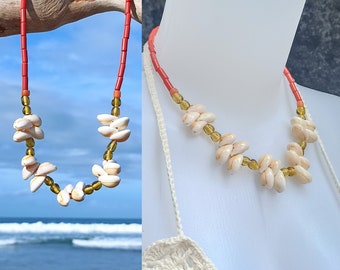 Cowrie flower lei necklace, red bamboo coral necklace, tropical style necklace, beach statement necklace, retro style necklace, rust free