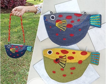 Pufferfish bag, embroidered linen bag, whimsical purse, sashiko purse, scuba bag, boro bag, blowfish, fugu, toadfish, custom made purse