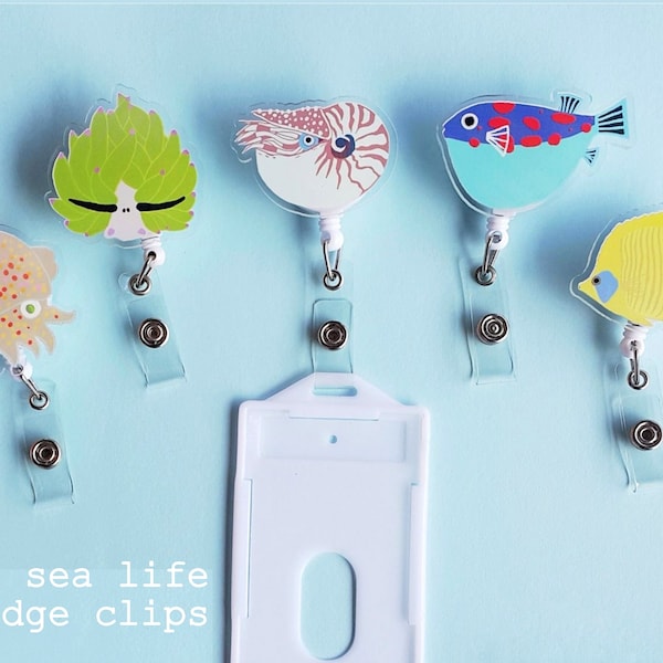 Retractable badge reel with clip, nudibranch, nautilus,squid,pufferfish,butterflyfish, name tag ID holder, work gift, office gift, dive gift