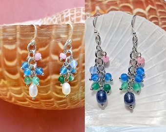 Coral pearl earrings, sterling silver earrings, dainty agate earrings, kitsch earrings, beachy earrings,simple party earrings, work earrings