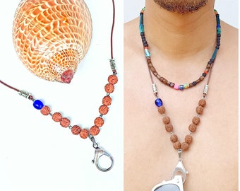 Rudraksha necklace for glasses, sunglasses holder, leather lanyard, coconut bead, folk necklace, frolic, excursion necklace, ring necklace