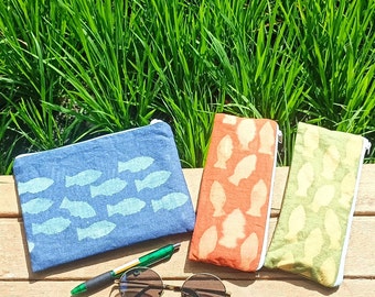 Fish pencil pouch, block print pencil case, linen pencil pouch, mini zipper purse, diver gifts, sustainable fabric case, mini cosmetic pouch