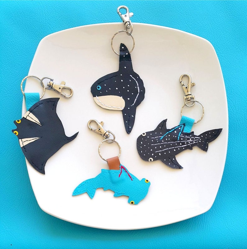 Whale shark keychain, hammerhead shark, mola mola,manta ray,cute,bag tag, mobula, funny, zipper tag, sunfish, stitched leather, faux leather image 10