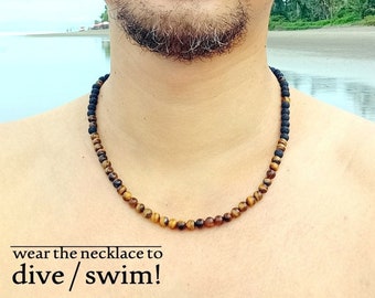 Tigers eye necklace men with black lava beads, men gemstone necklace, beach necklace, party necklace men, crystal necklace men, rust free