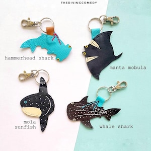 Whale shark keychain, hammerhead shark, mola mola,manta ray,cute,bag tag, mobula, funny, zipper tag, sunfish, stitched leather, faux leather