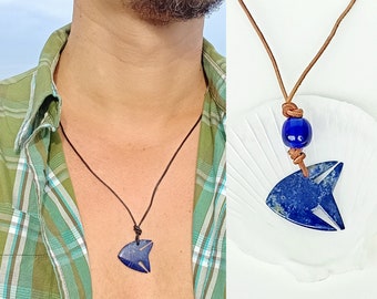 Carved lapis lazuli fish necklace, diving necklace, leather beach necklace, ultramarine necklace, beach festival necklace, nautical necklace