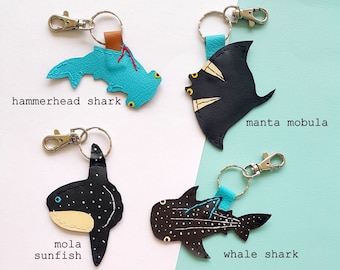 Whale shark keychain, hammerhead shark, mola mola,manta ray,cute,bag tag, mobula, funny, zipper tag, sunfish, stitched leather, faux leather