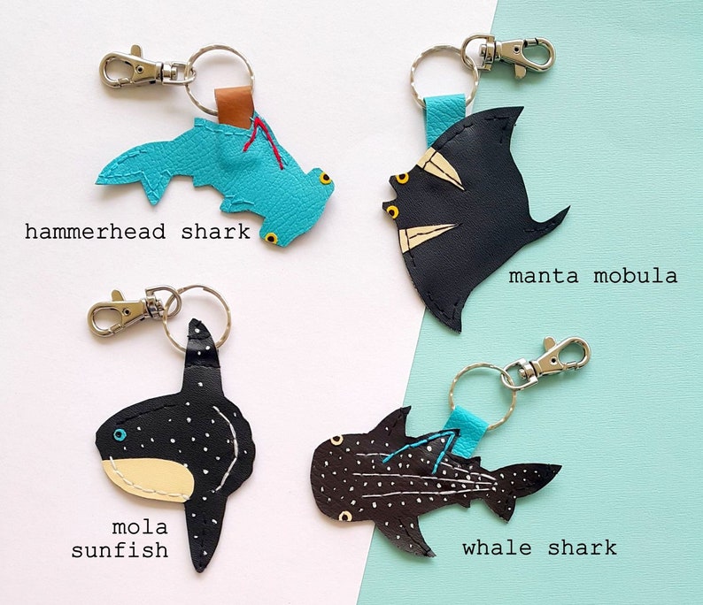 Whale shark keychain, hammerhead shark, mola mola,manta ray,cute,bag tag, mobula, funny, zipper tag, sunfish, stitched leather, faux leather image 1