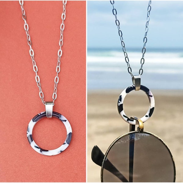 Collier de lunettes écaille de tortue pour lunettes, collier en acier inoxydable, porte-lunettes de soleil, collier de plage, collier de coquille de tortue de mer, anneau de lunettes