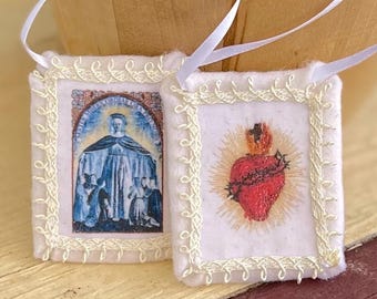 Sacred Heart of Jesus White Scapular, Handmade Embroidered Wool Catholic Scapular, Catholic Gift Ideas for First Communion or Confirmation