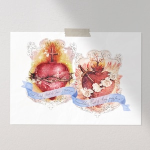 Most Sacred Heart of Jesus & the Immaculate Heart of Mary United Printable Image, Catholic Devotional Illustration Art by BenedictaBoutique