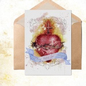 Cartão do Sagrado Coração de Jesus tamanho 4x6 imagem para impressão, cartão postal católico em aquarela com arte do Sagrado Coração, cartão de oração devocional