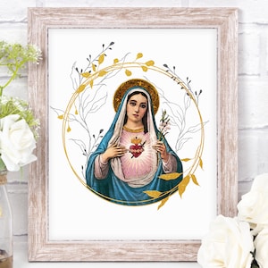 Immaculate Heart of Mary Art Print, Virgin Mary Catholic Wall Art, Blessed Mother Home Decor, Watercolour Marian Art by BenedictaBoutique