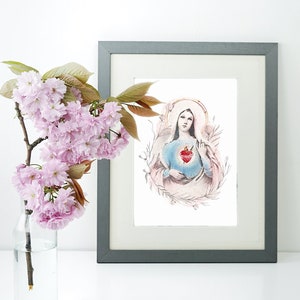 Immaculate Heart of Mary Printable Image Download, Virgin Mary Devotional Illustration Art, Catholic Wall Art Print by BenedictaBoutique