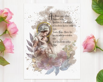 Ave Maria Rosary Prayer Art Print, Devotional Marian Catholic Wall Art by BenedictaBoutique