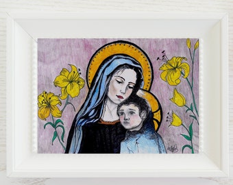 Virgin Mary and Baby Jesus, Printable Catholic llustration, Marian Art for Children, Printable 5x7 Image for Catholic Postcards