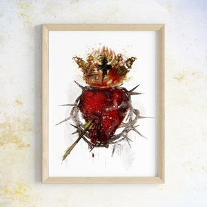Sacred Heart of Jesus with Crown Printable Image, Christ the King Catholic Illustration, Sacred Heart Watercolour Devotional Wall Art Print