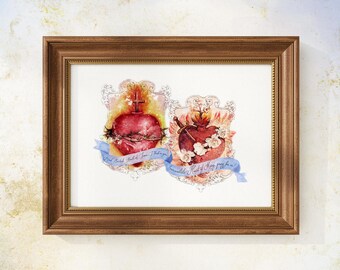 United Hearts Jesus Mary Print Marian Consecration Art Total Consecration Printable Sacred Immaculate Heart Devotion Catholic Home Shrine