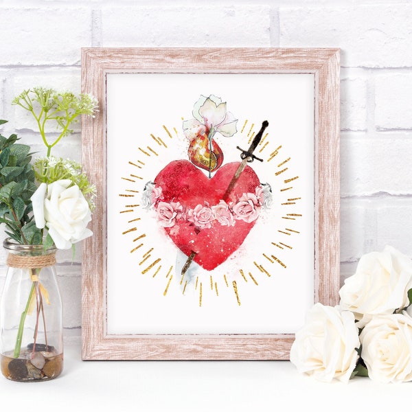 Immaculate Heart of Mary Printable Image, Catholic Illustration Art, Devotional Wall Art Print by BenedictaBoutique