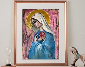 Rosa Mystica Printable Illustration, Virgin Mary Catholic Kids Room Wall Art, Catholic Nursery Decor, Marian Art Print by BenedictaBoutique