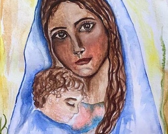 Mary and Baby Jesus, Printable Catholic llustration, Marian Art, Catholic Printable 5x7 Postcard Image